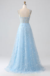 Funkelndes Blaues A Linie Spaghettiträger Pailletten Korsett Ballkleid mit Schlitz
